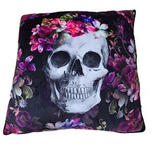 Cynthia Rowley Curious Halloween Skull Velvet Floral Feather Throw Pillow 18.5"